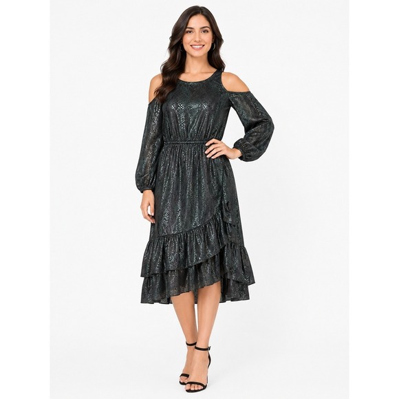 MICHAEL Michael Kors Dresses & Skirts - Michael Kors Metallic Snakeskin Cold Shoulder Ruffle Midi Wrap Dress Black XS